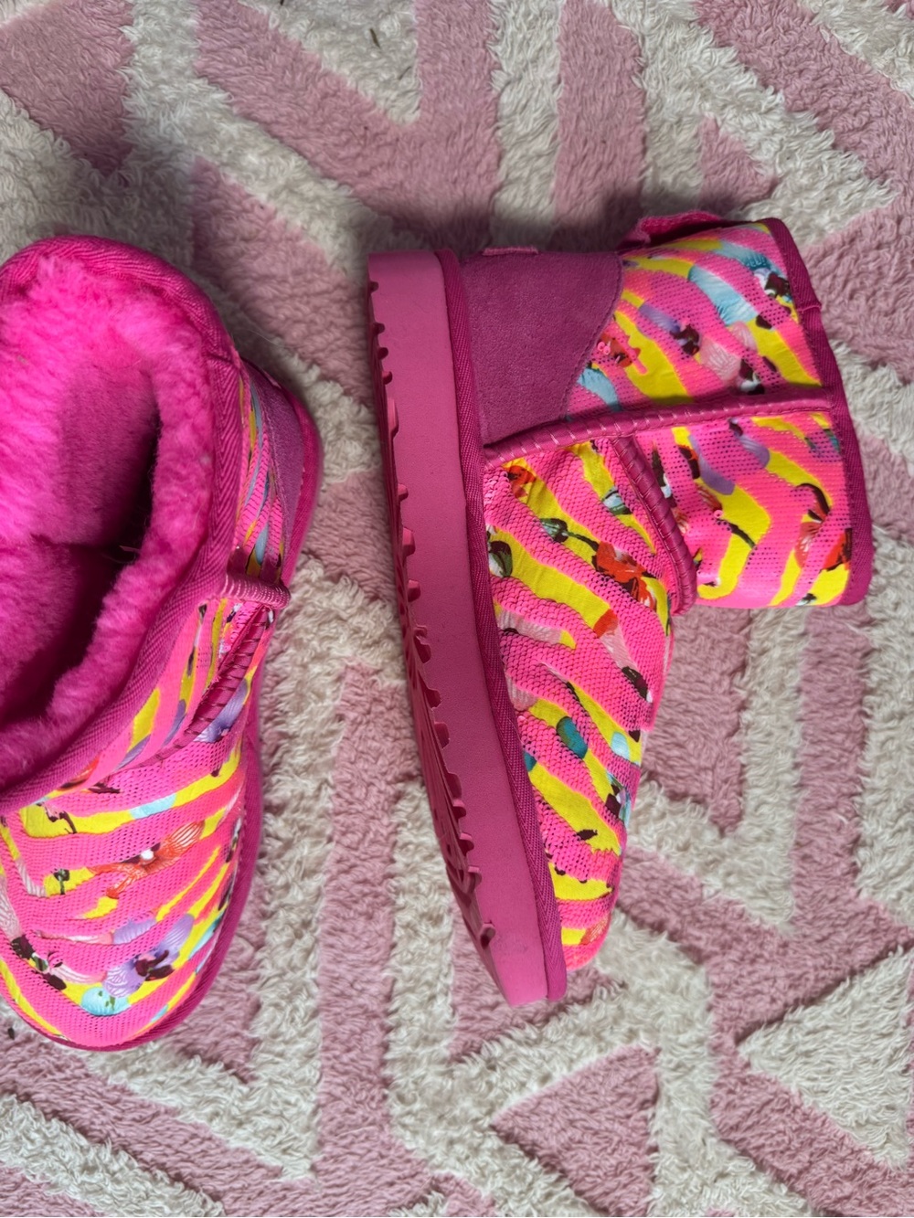 Bright Pink Fuzzy Lined Ugh Boots - Neon Pattern